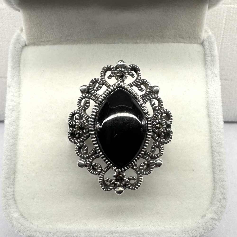 SIGNED CW 925 Sterling Silver Onyx Marcasite Statement Ring Art Deco Size 7